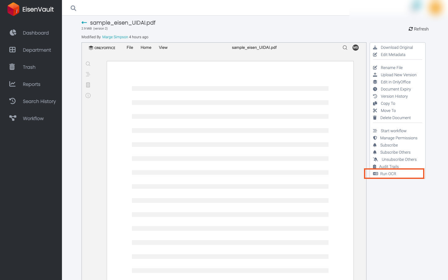 Run OCR action in the document actions panel
