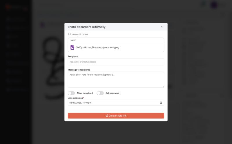 Share document externally dialog