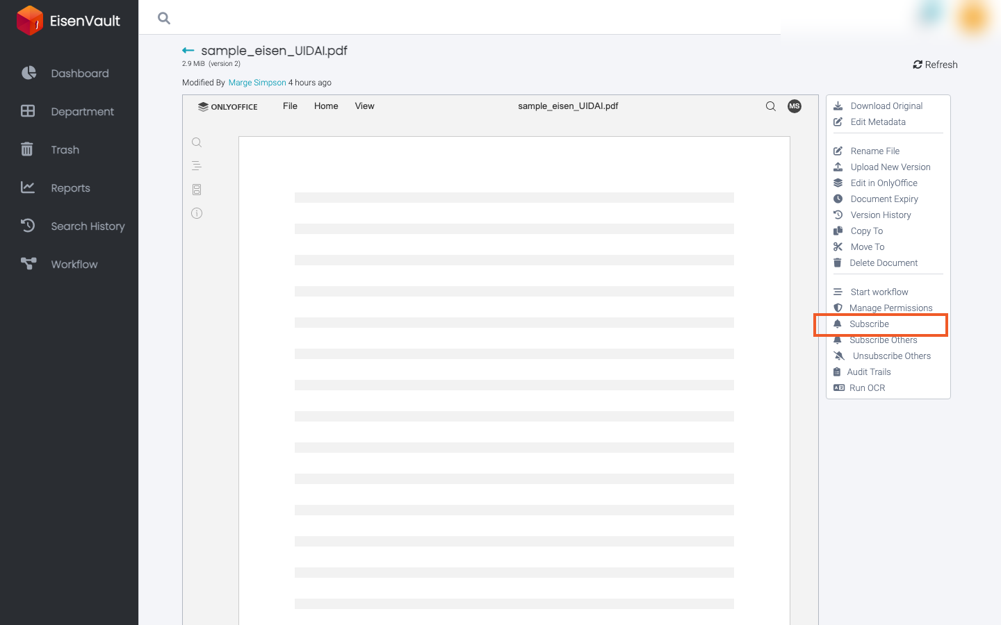 Subscribe action in the document actions panel