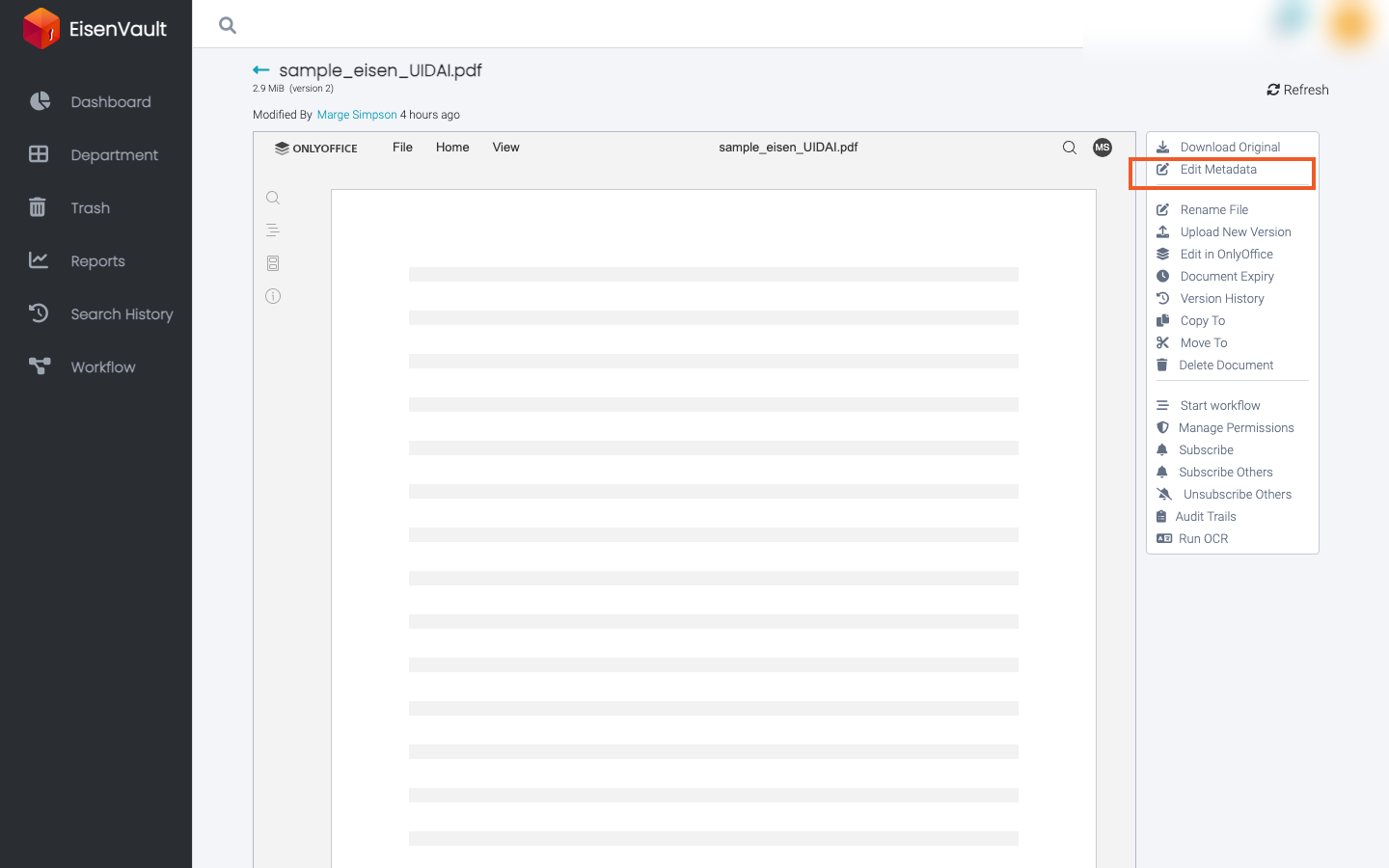 Document preview with Edit Metadata highlighted