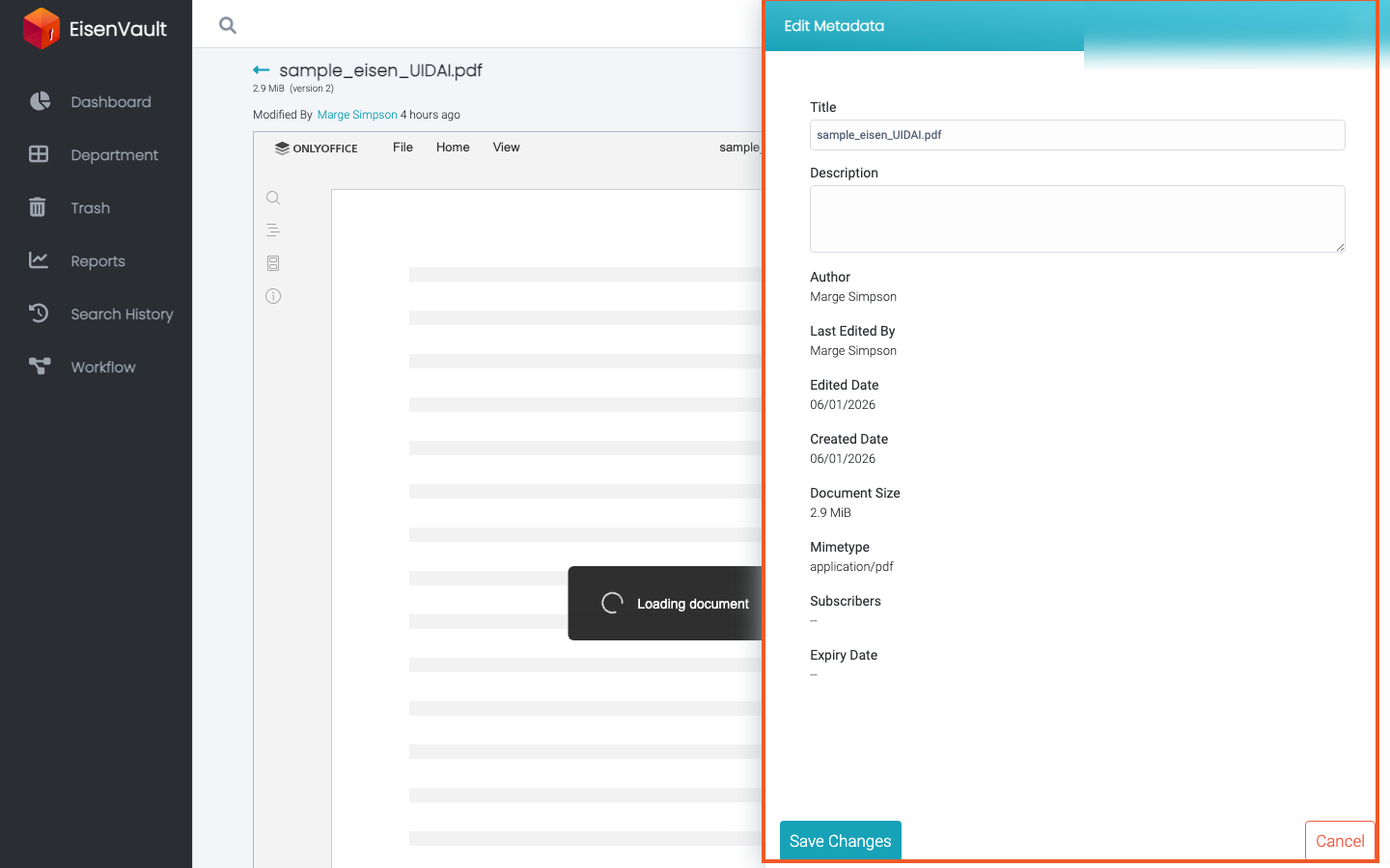 Document metadata drawer with category fields