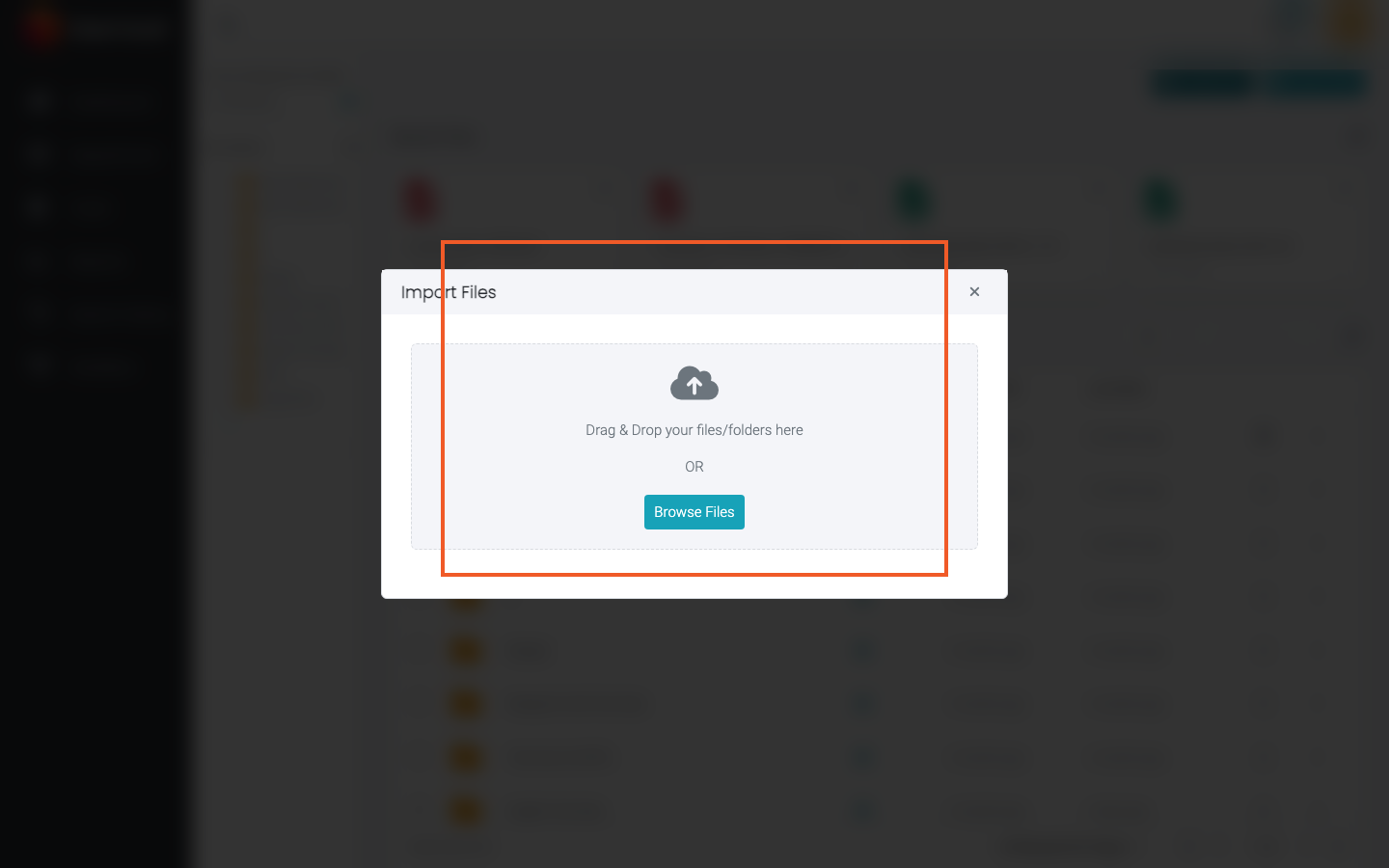 Import Files modal open in the folder