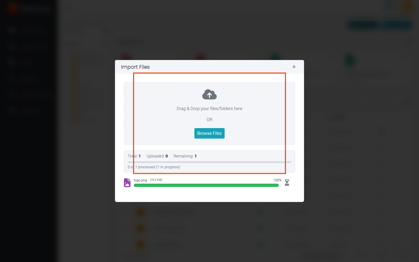 Import Files window with the selected file queued for upload