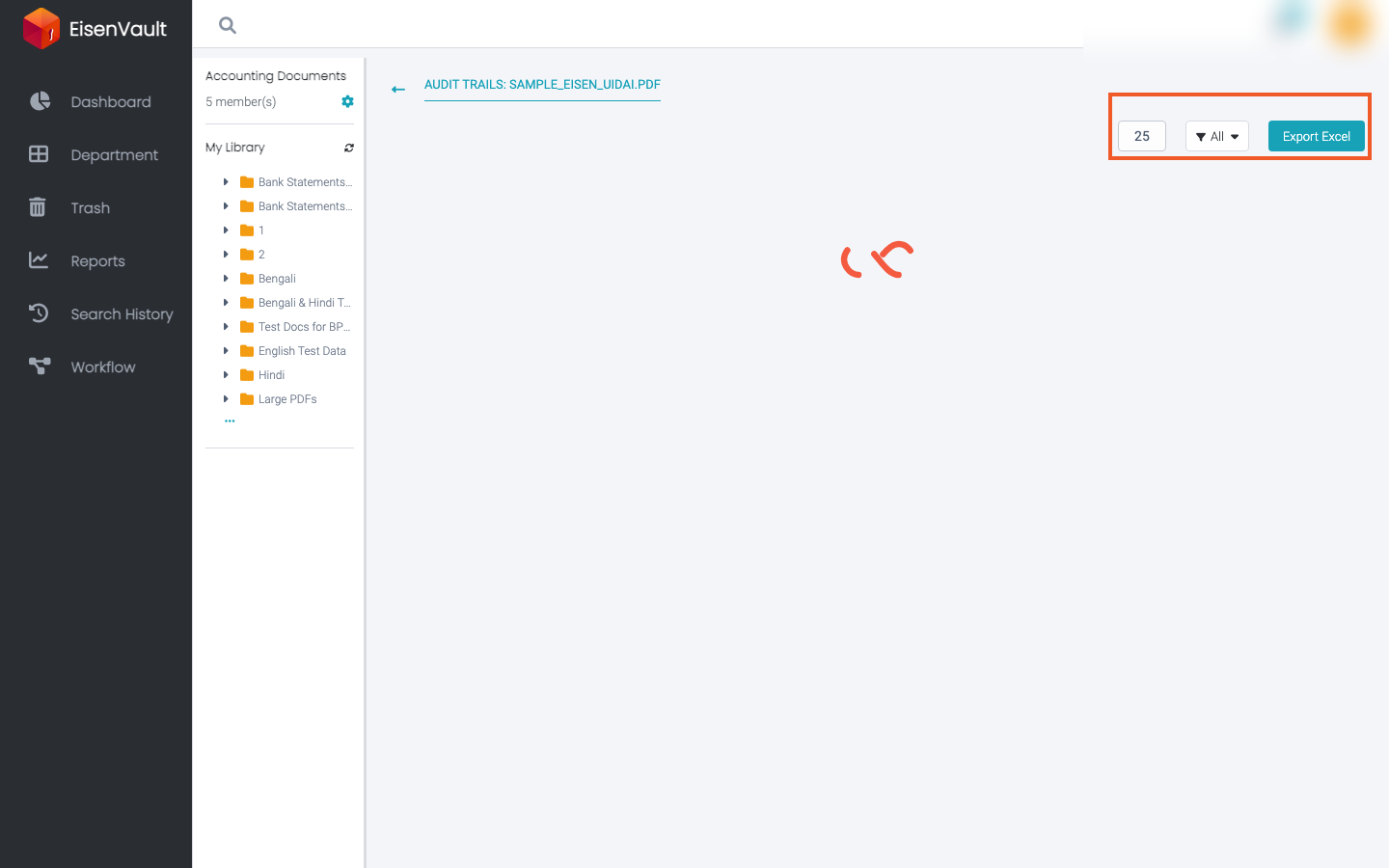 Audit Trails page with filter and Export Excel