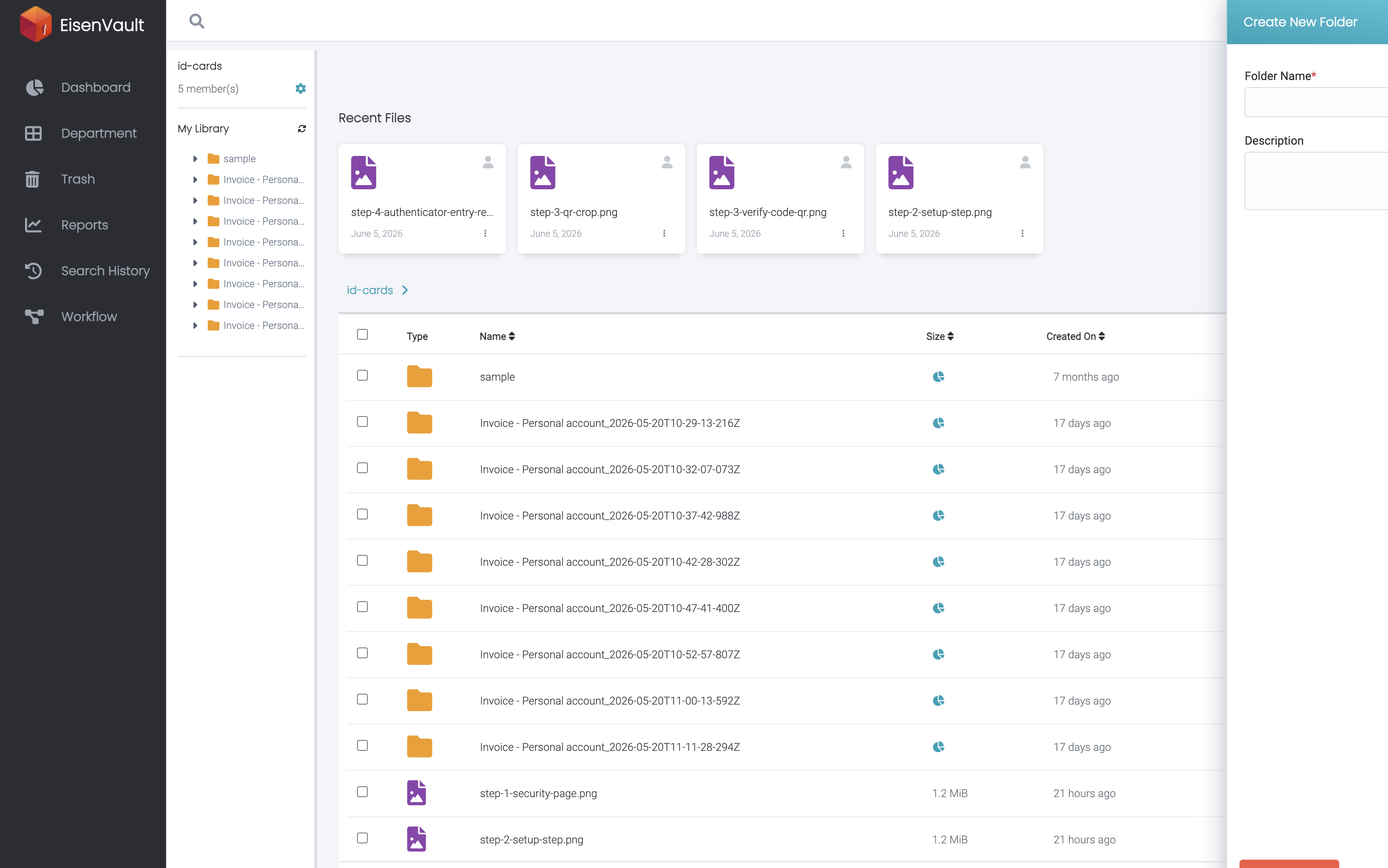 Create Folder modal with name field and Create action highlighted
