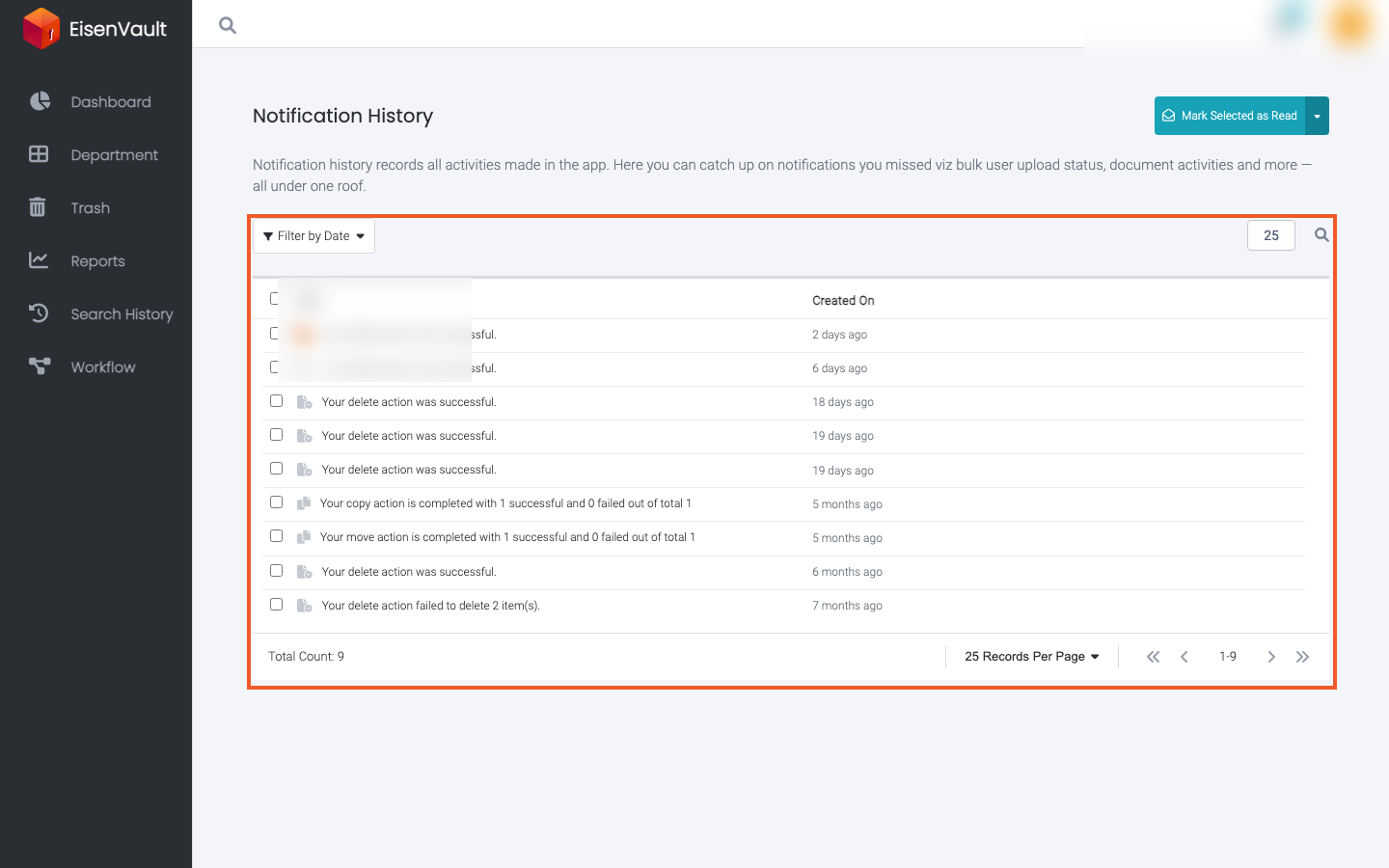 Notification History page listing past notifications