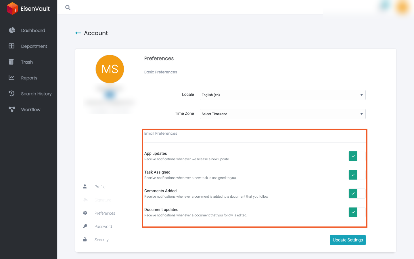 Email Preferences switches on the Preferences page