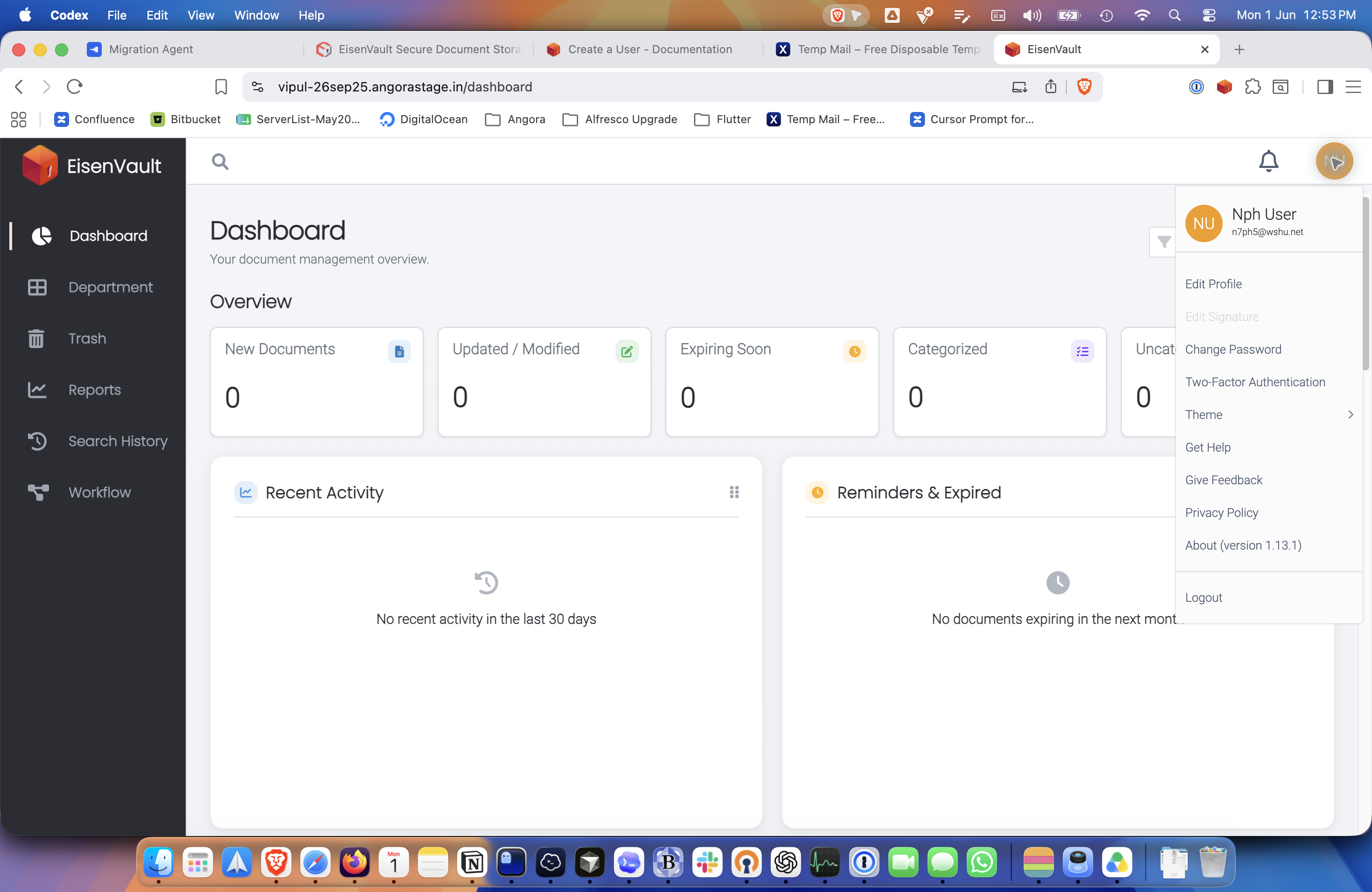 Account menu with Change Password option
