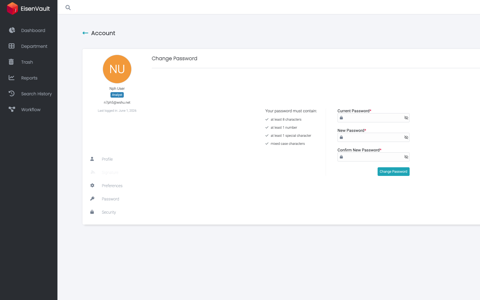 Change Password page showing requirements and empty fields