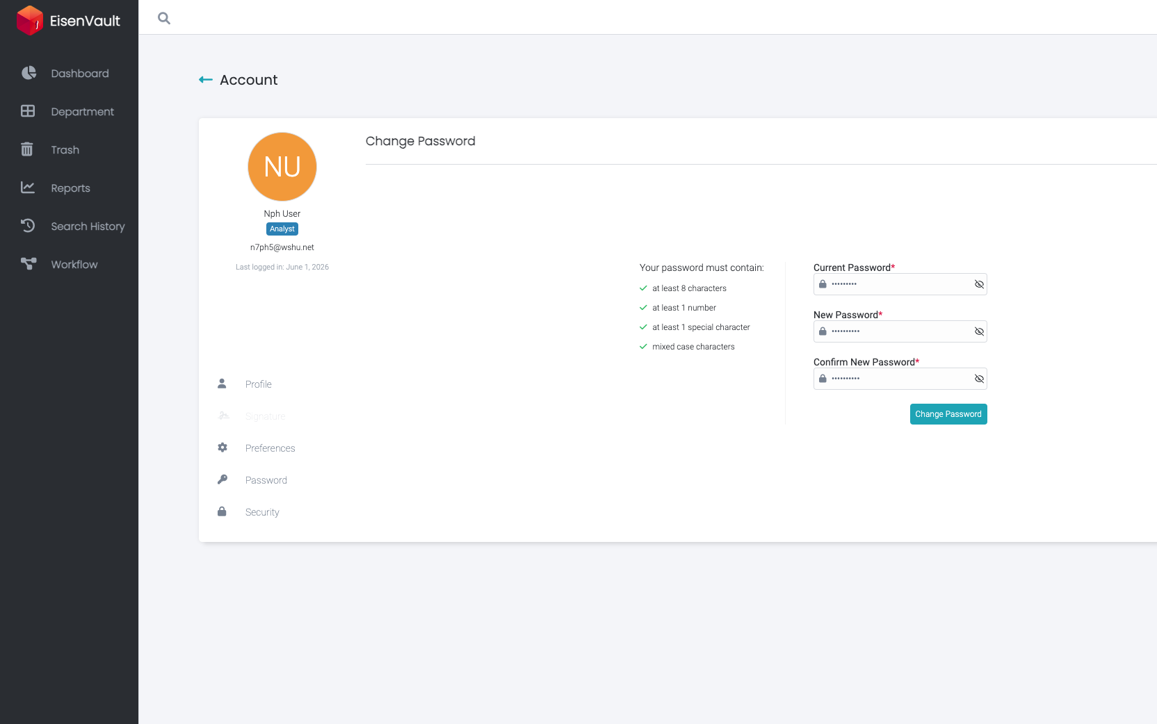 Change Password form with all requirements satisfied