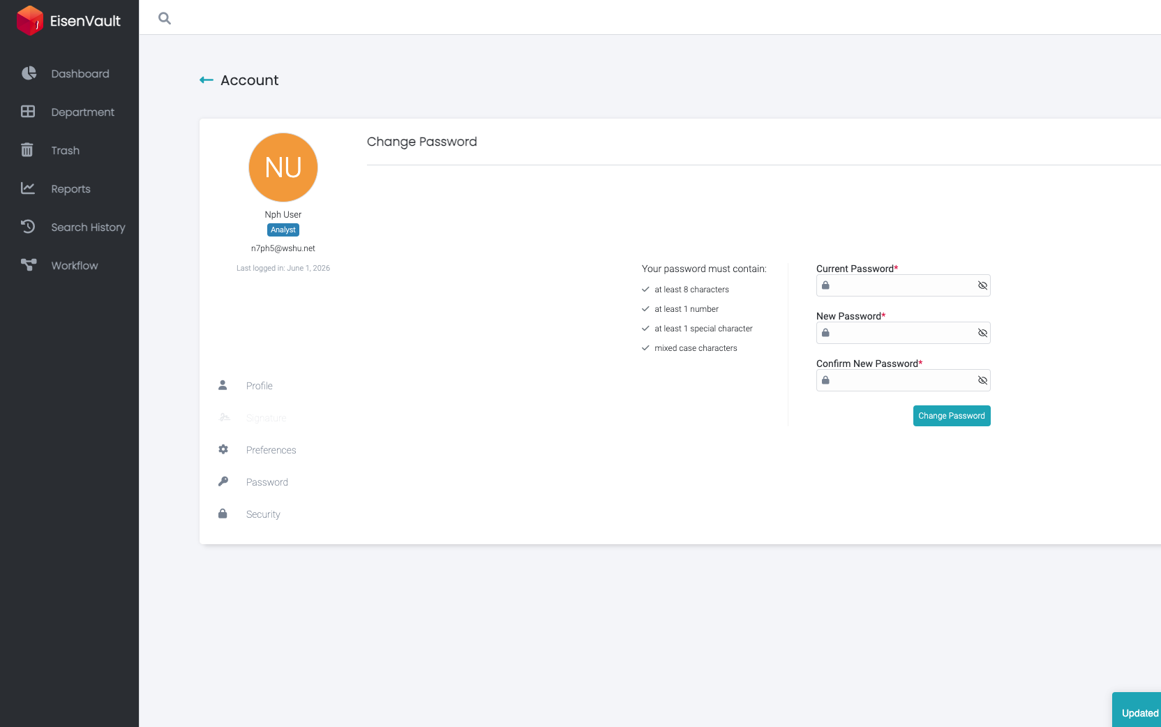Updated confirmation shown after changing the password