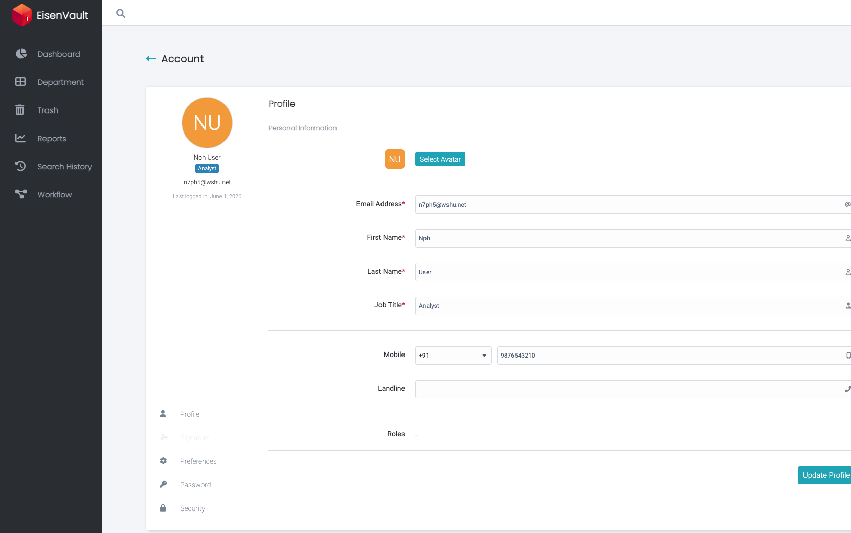 Profile edit form with updated mobile number before submission