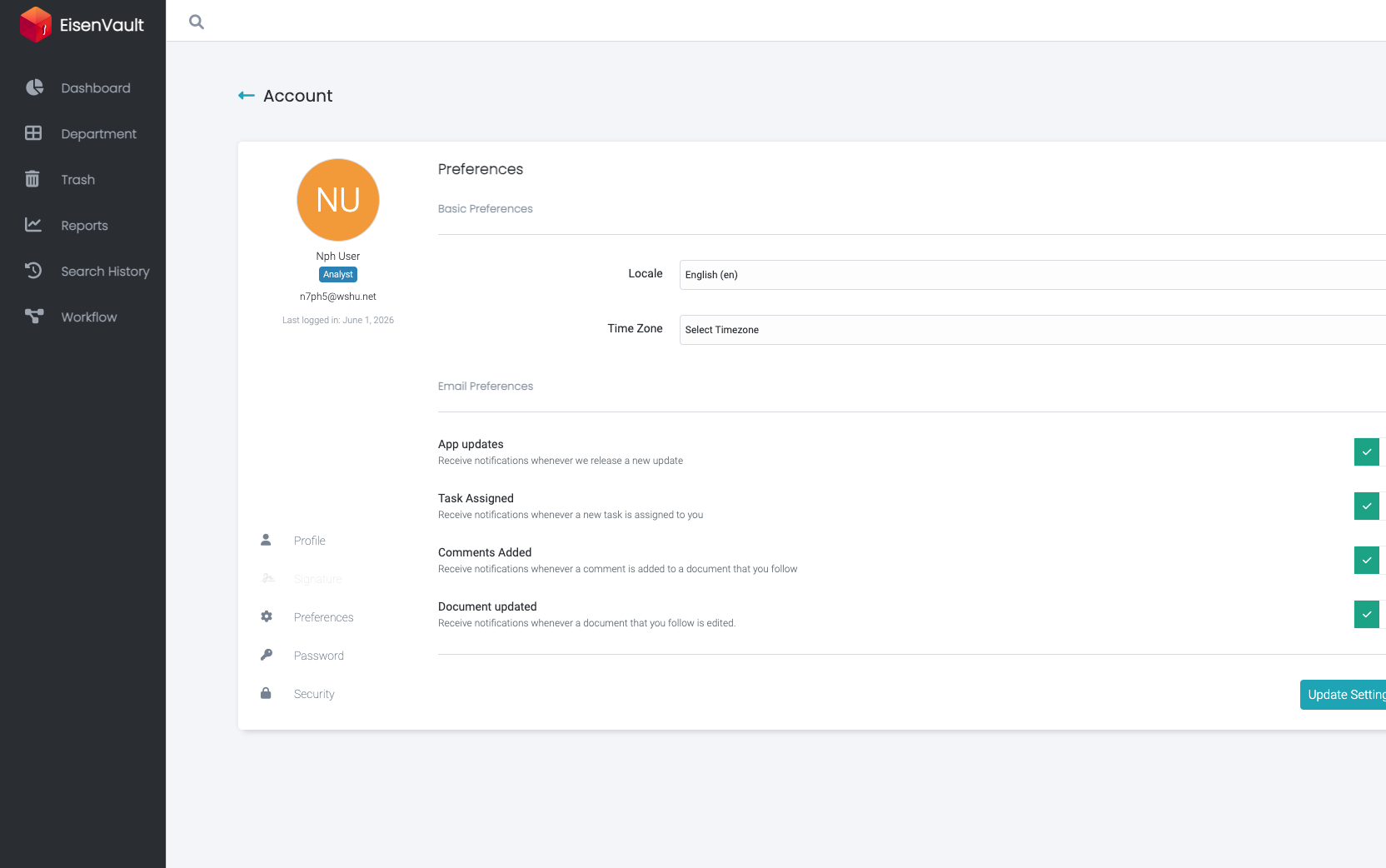 Preferences page showing basic and email preference settings