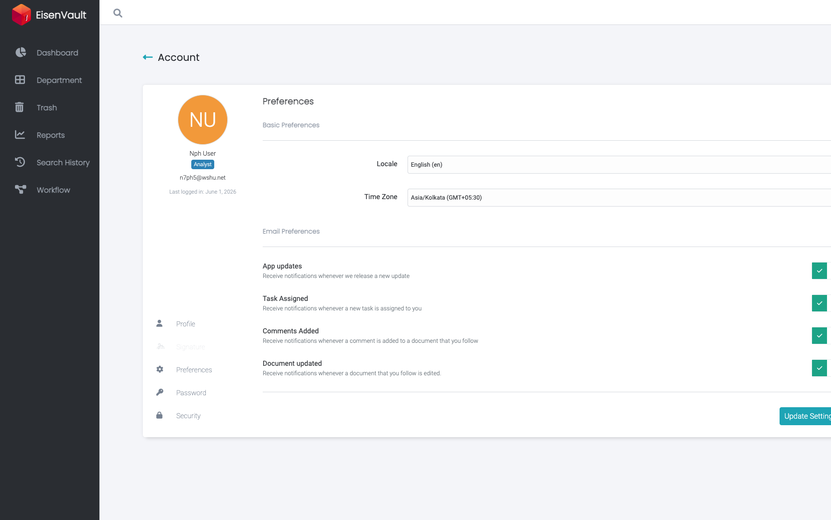 Preferences form with locale and time zone selected before saving