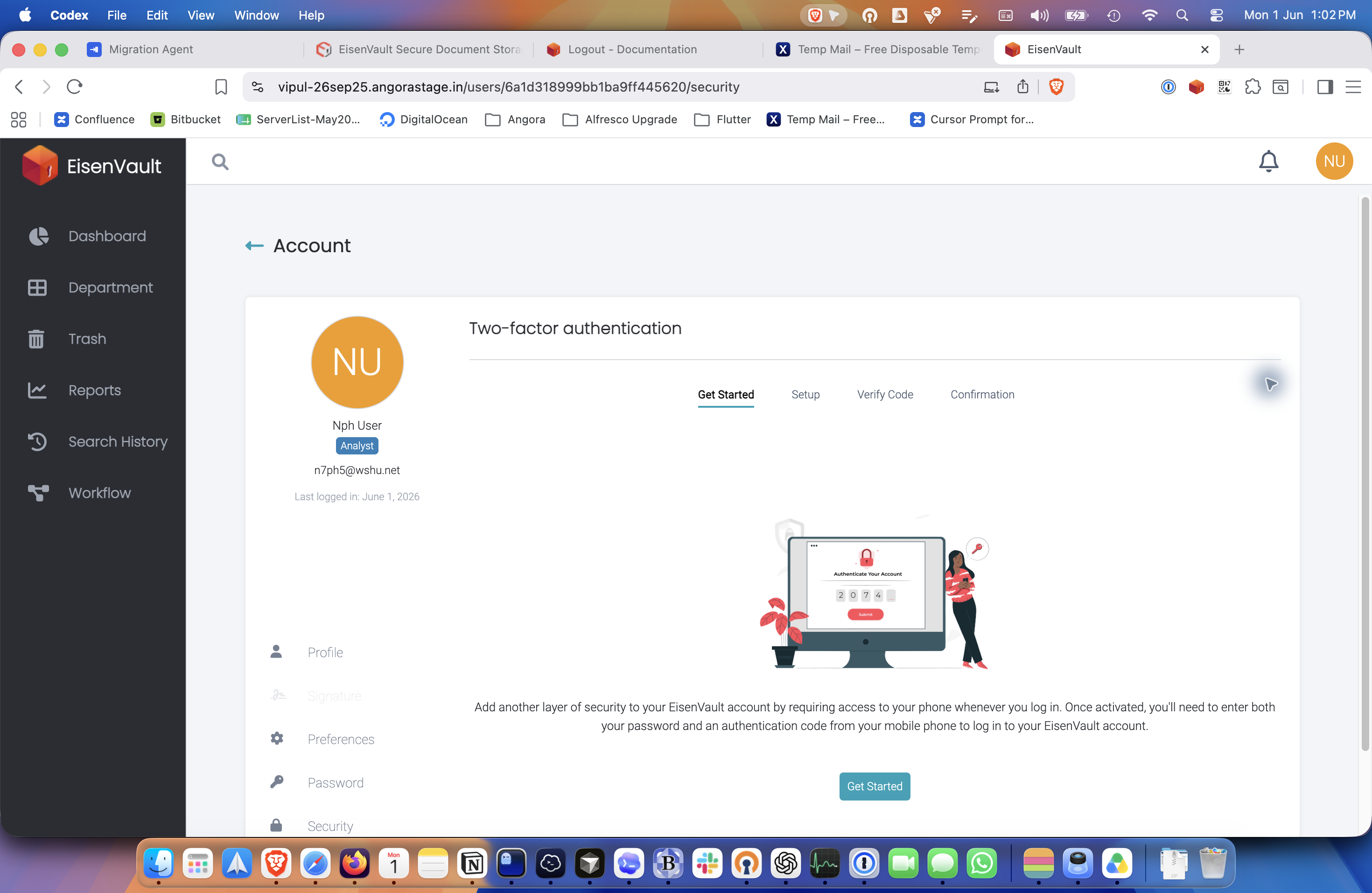 Two-factor authentication page in account security