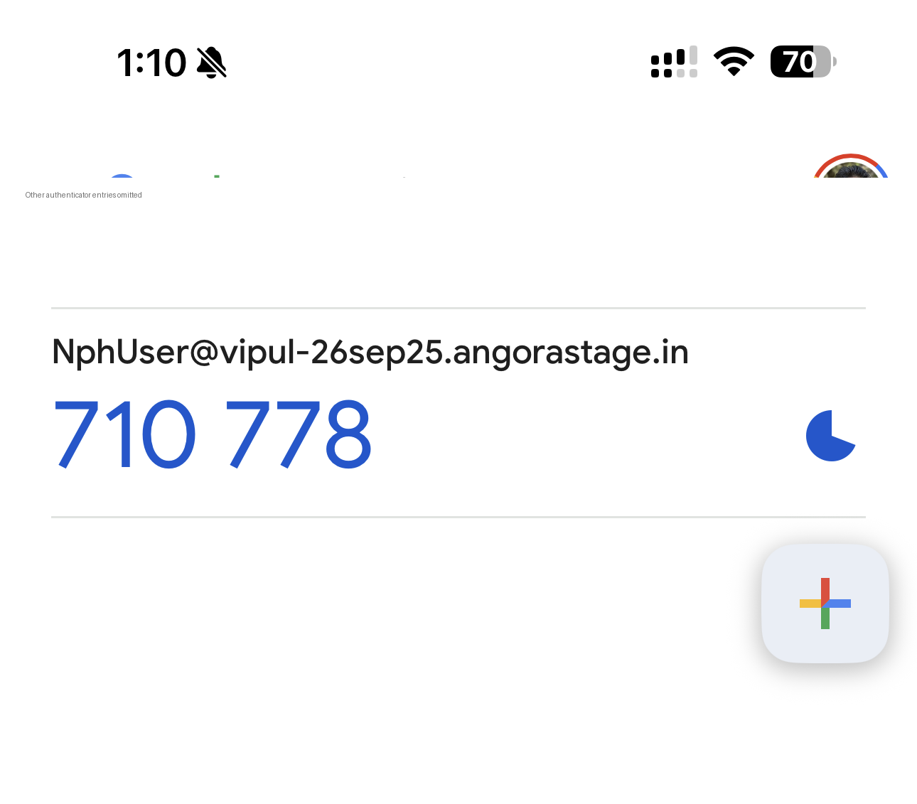 Google Authenticator showing the EisenVault One token entry