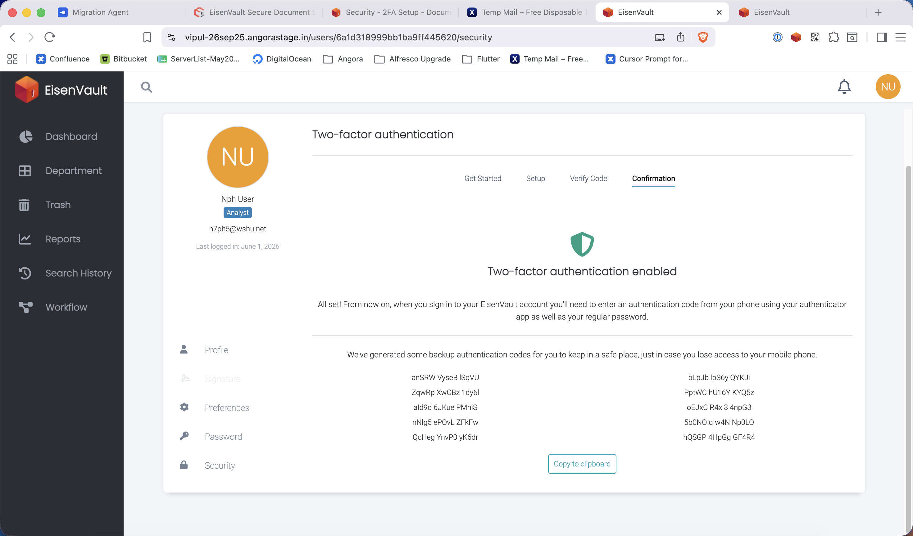 Confirmation step showing backup authentication codes