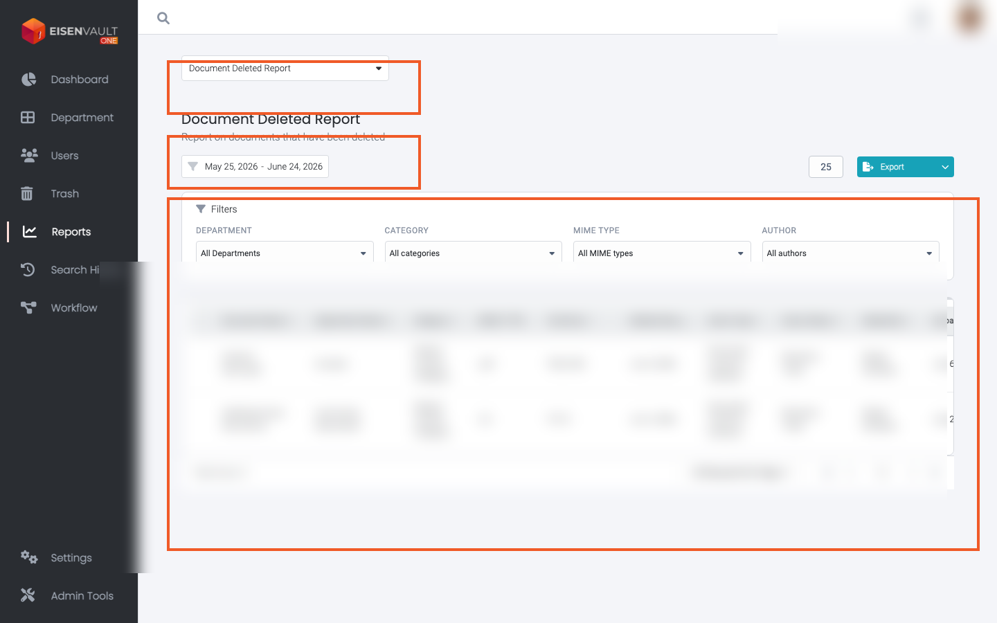 Document Deleted Report with type selector, date range, and results table highlighted