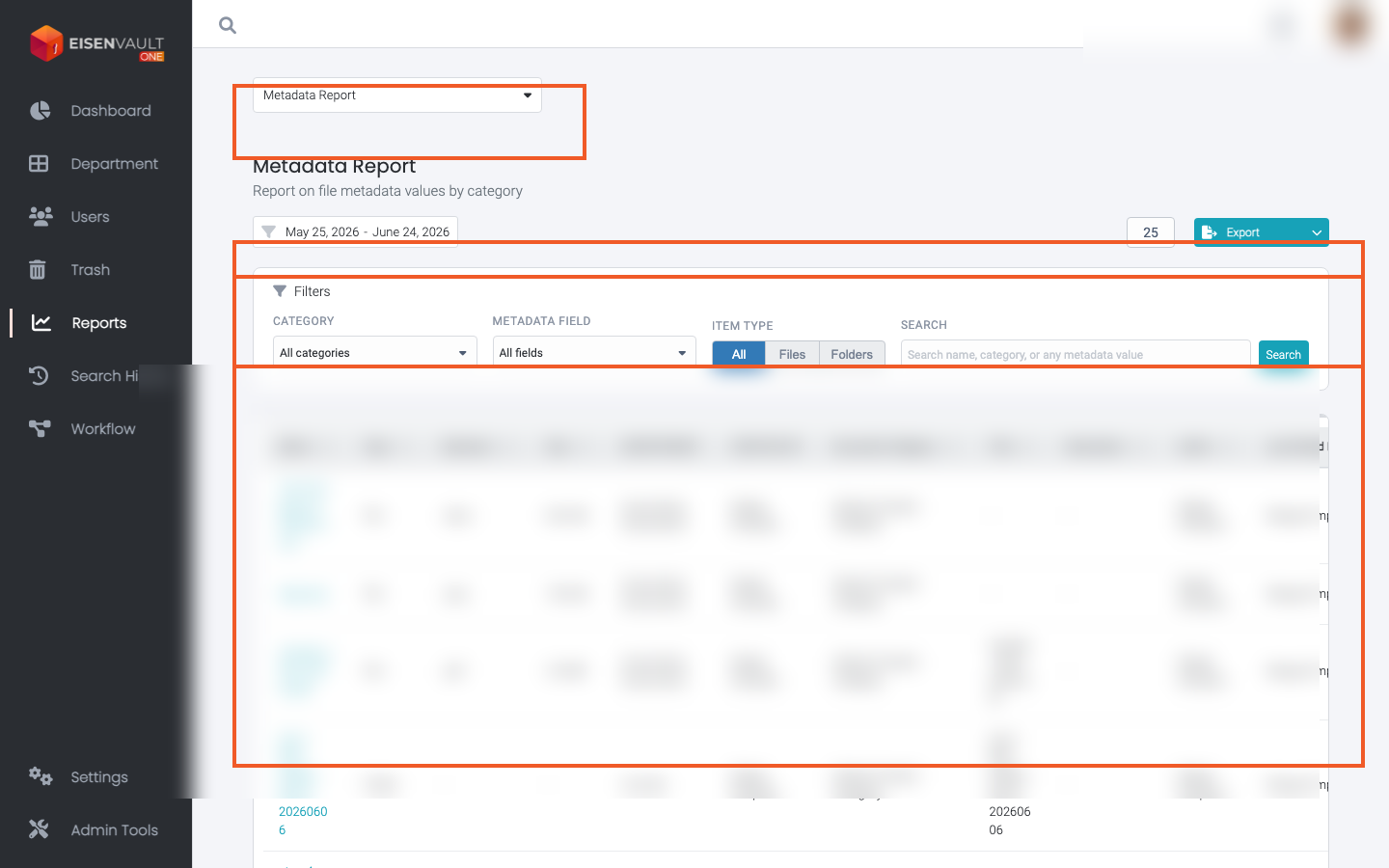Metadata Report with type selector, category filters, and results table highlighted