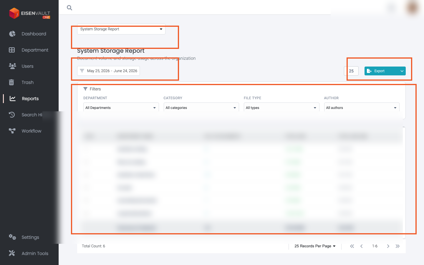 System Storage Report with type selector, date range, export, and table highlighted