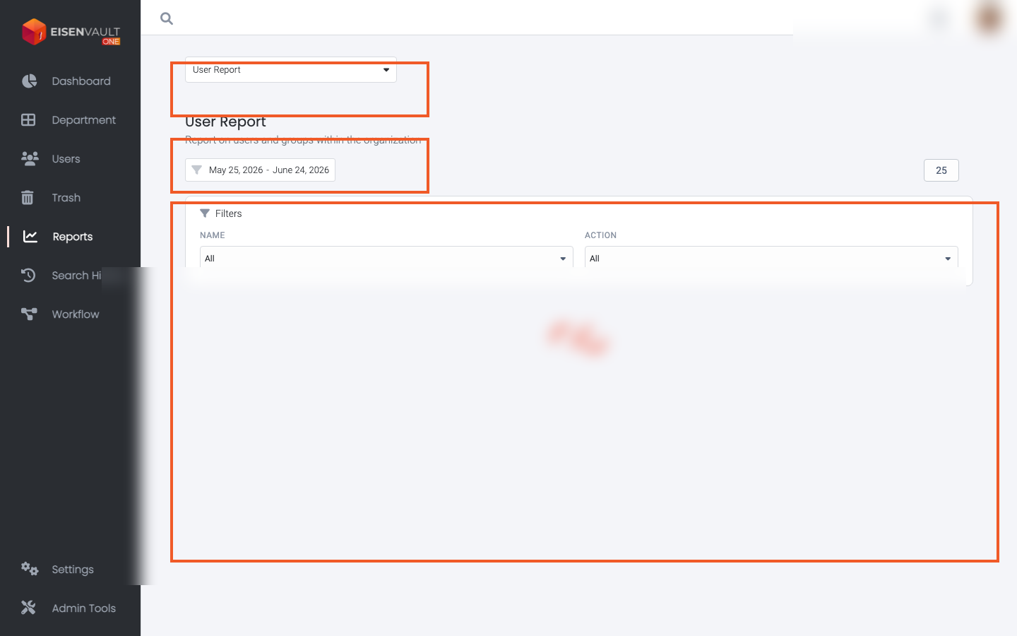 User Report with type selector, date range, and results table highlighted
