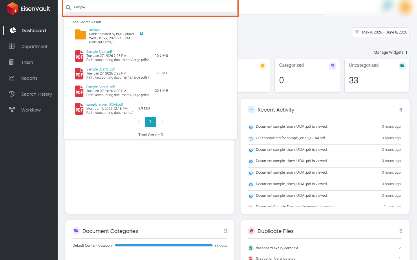 Header search field with a keyword entered