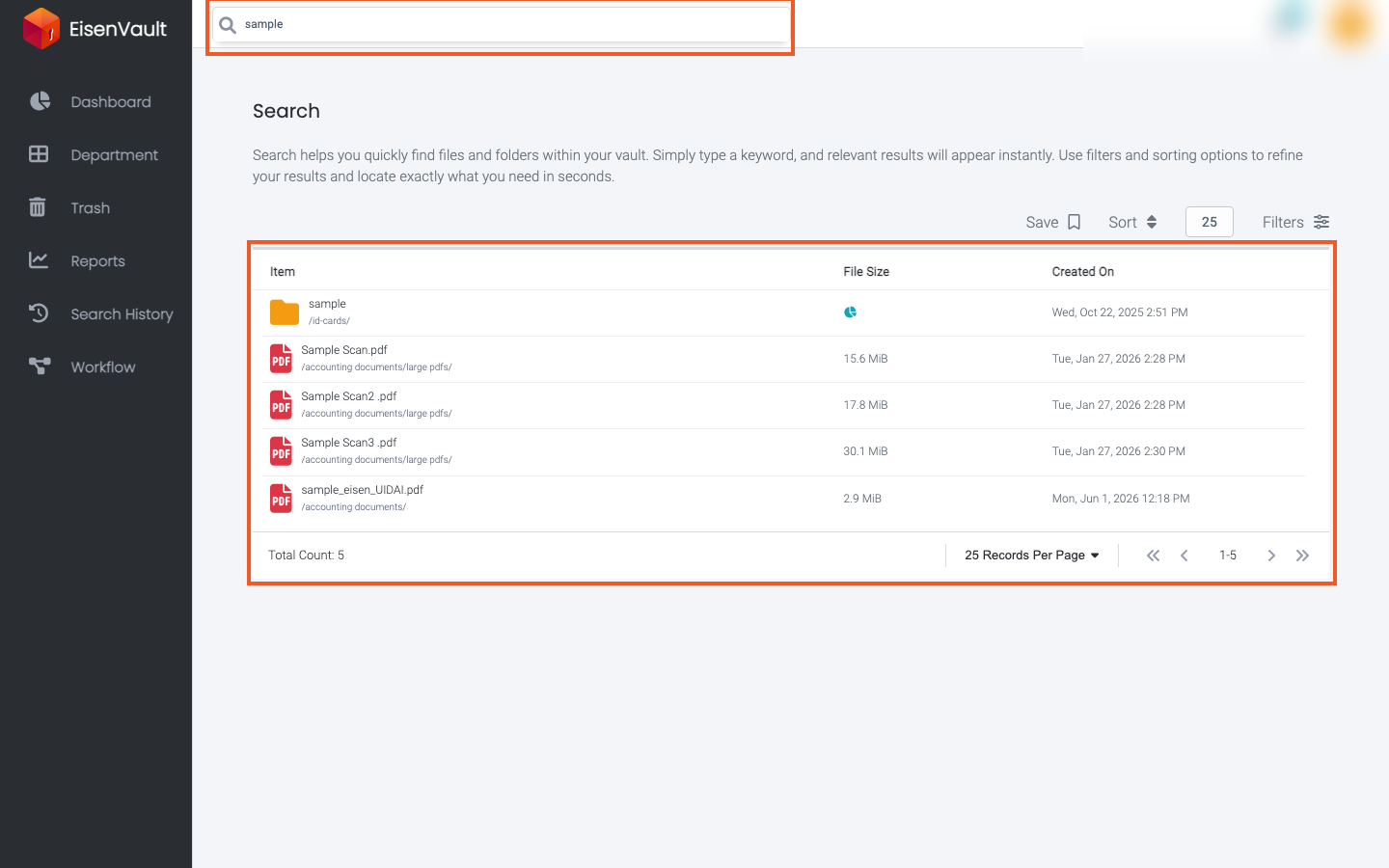 Search results page with header search and results table highlighted