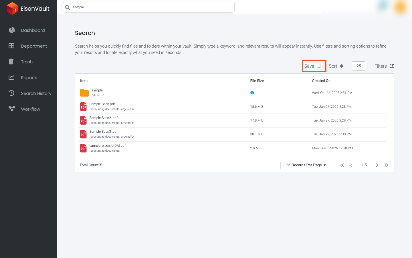 Save action in the search results toolbar