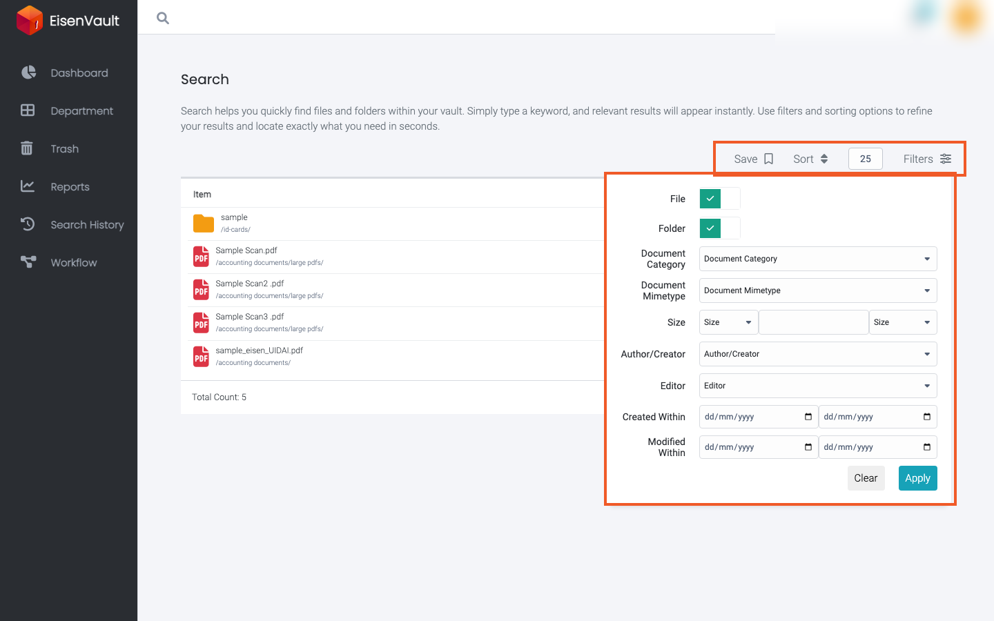 Search Filters panel on the full Search page