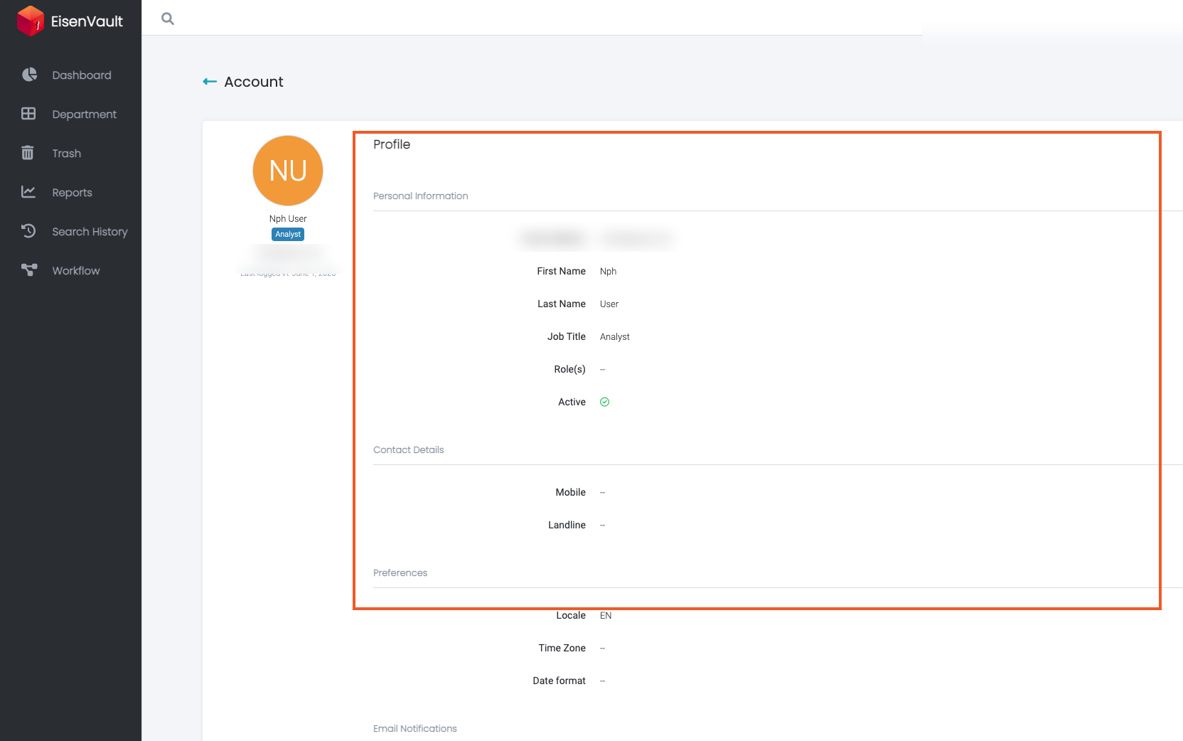 Read-only user profile under Account