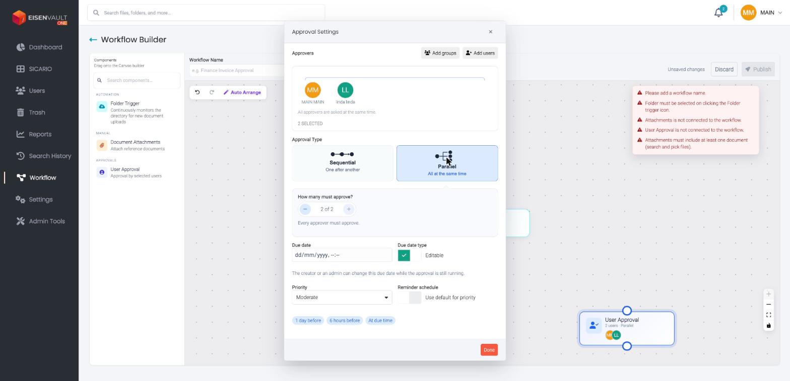 Approval Settings with Parallel selected and the How many must approve stepper