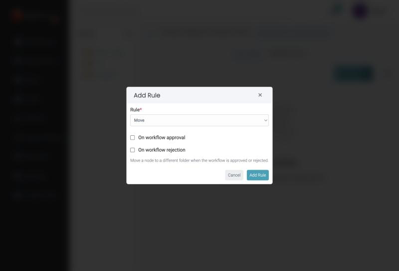 Add Rule dialog with the Move rule and its approval and rejection options