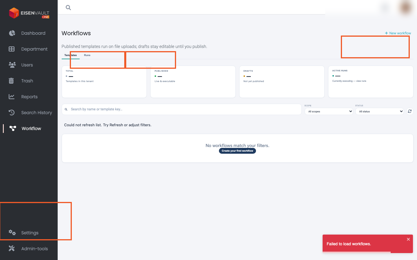 Workflows page with Templates and Runs tabs
