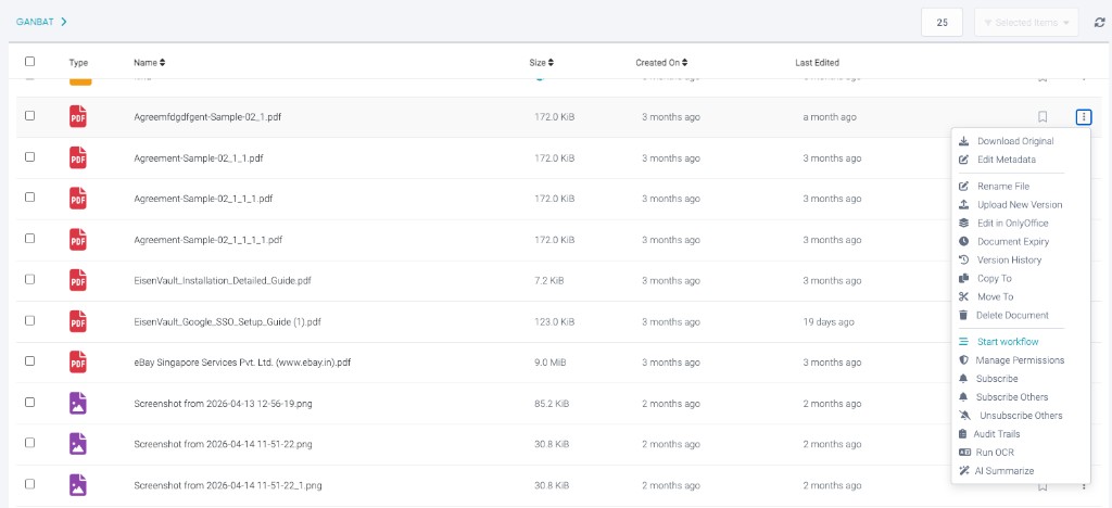 Document options menu with Start workflow action