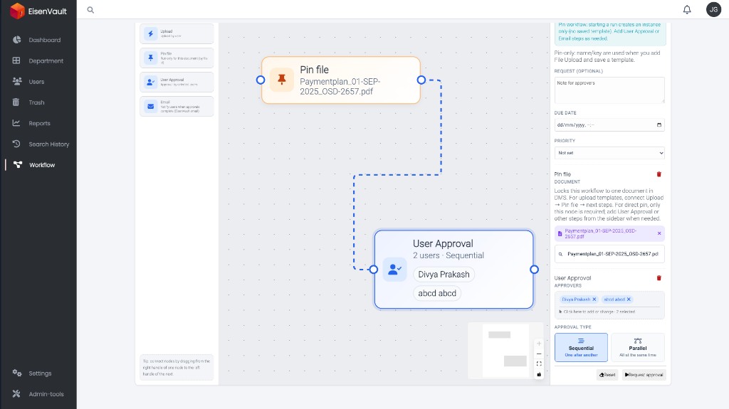 Workflow Builder with Pin file connected to User Approval and configuration panel
