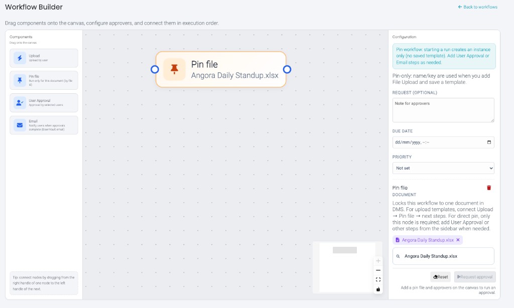 Workflow Builder with Pin file component and document already attached