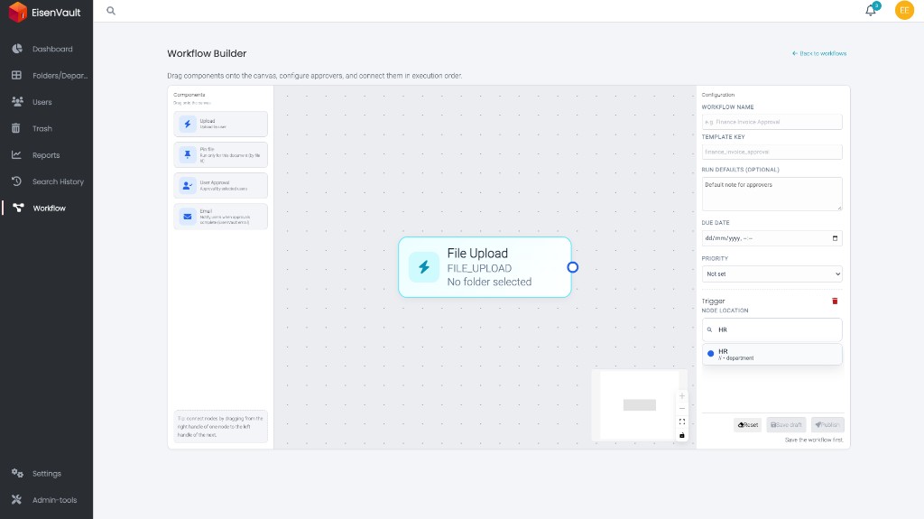 Workflow Builder with Upload component configured for the HR department