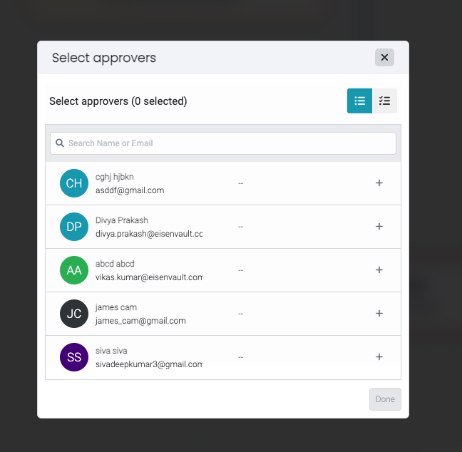 Select approvers dialog with user search and add buttons
