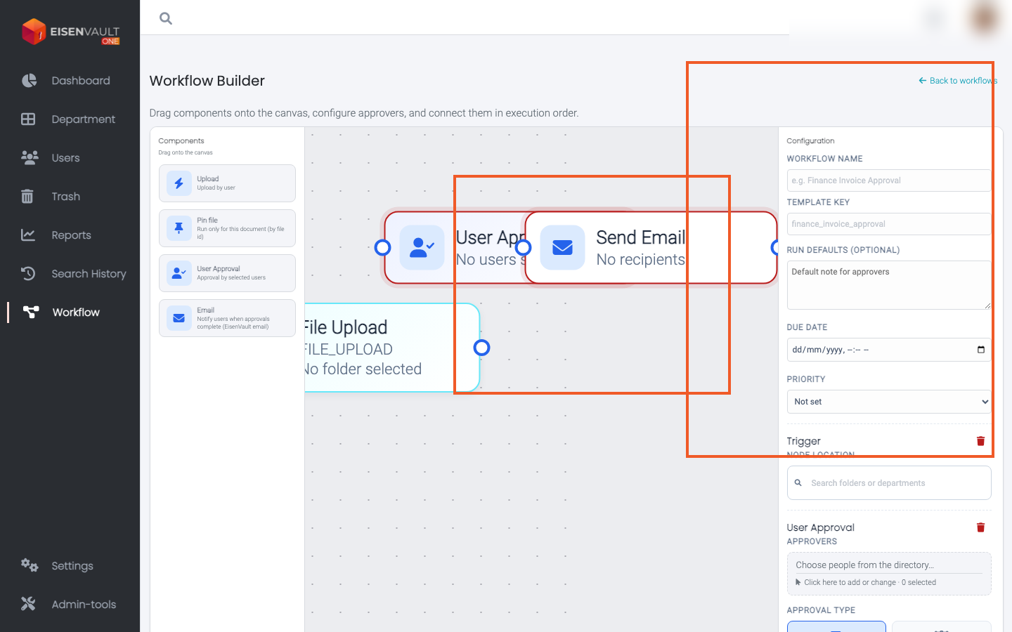 Workflow Builder with Upload, User Approval, and Email nodes connected