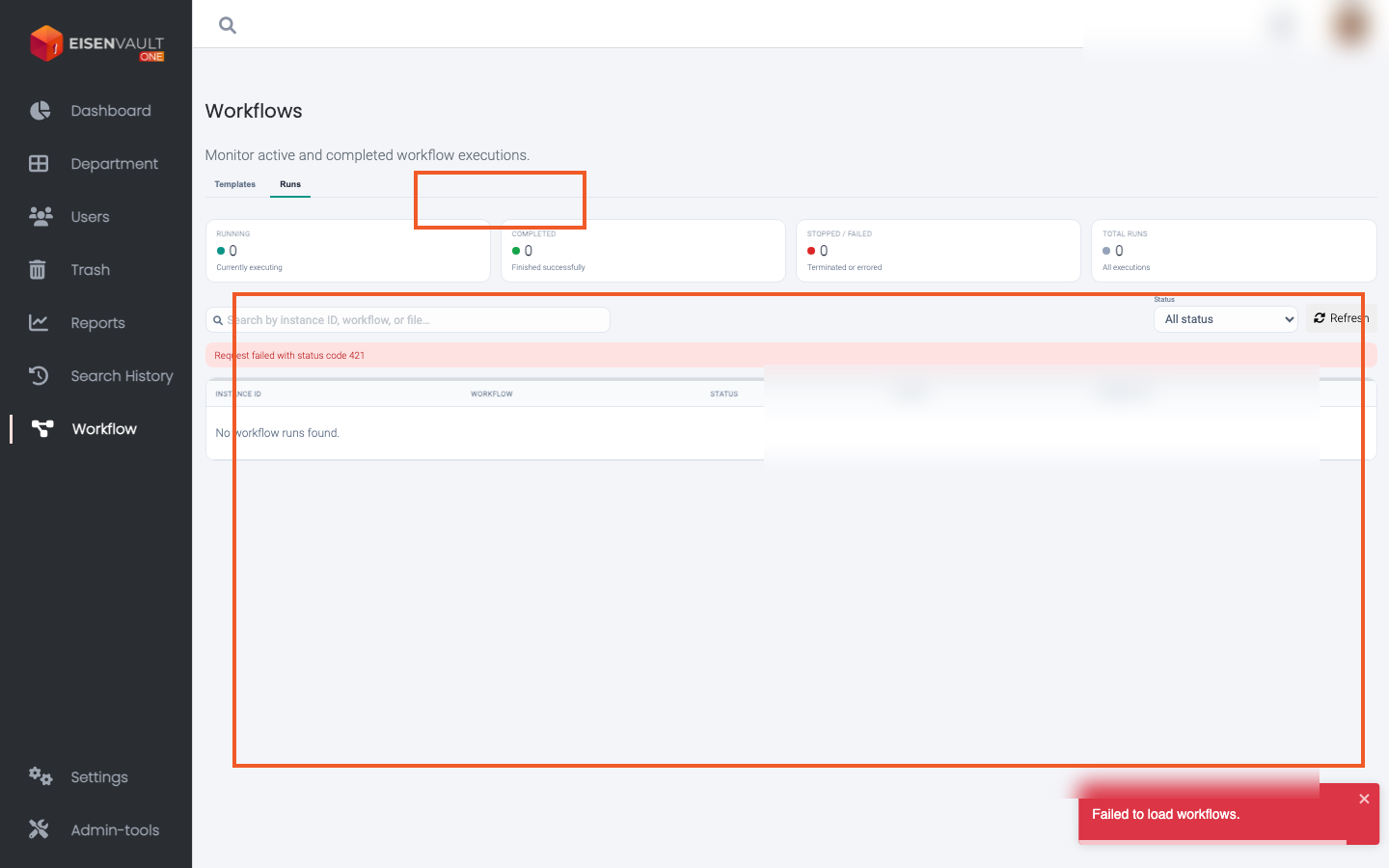 Workflows Runs tab with status summary cards and run list