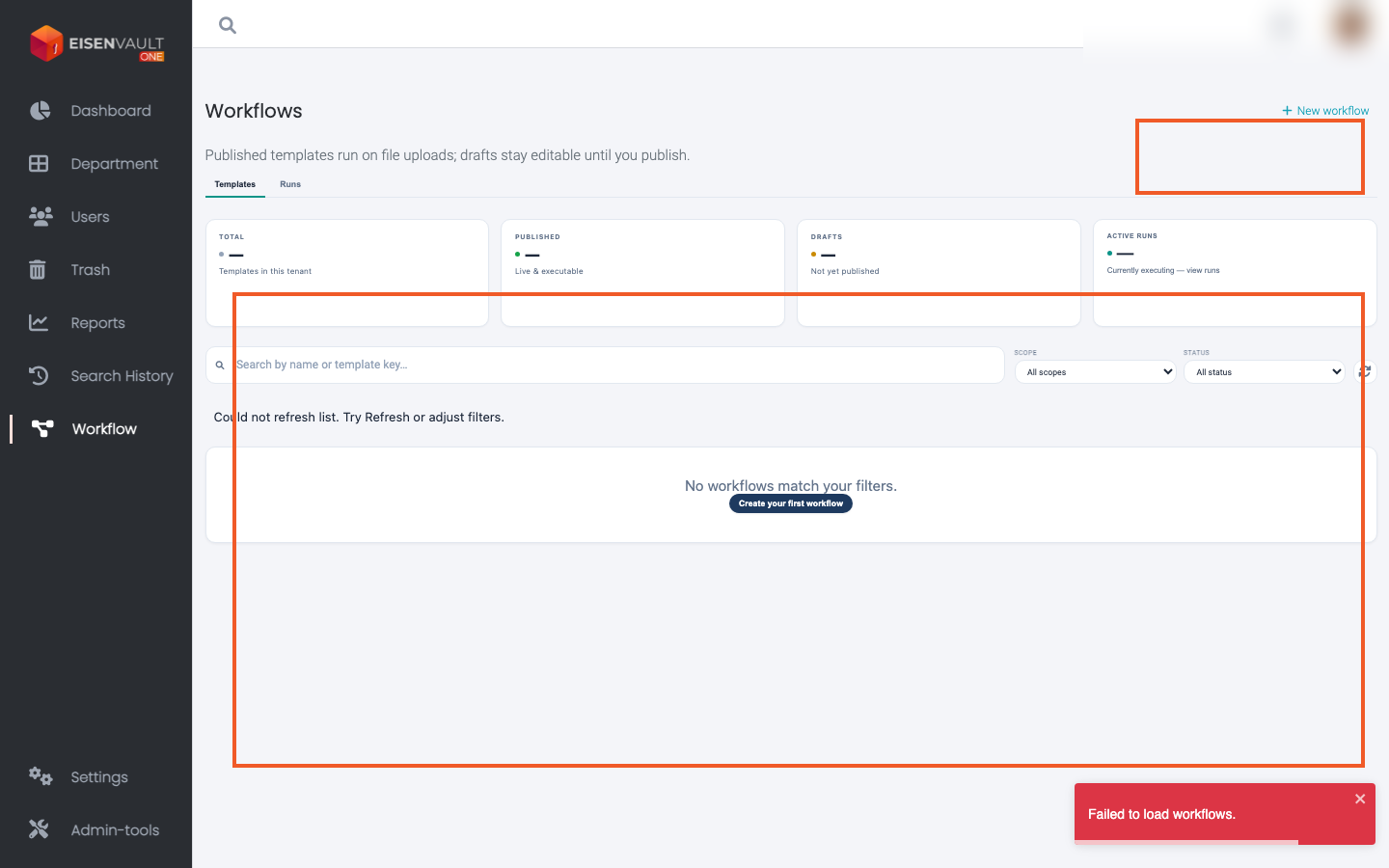 Workflows Templates tab with summary cards and template list